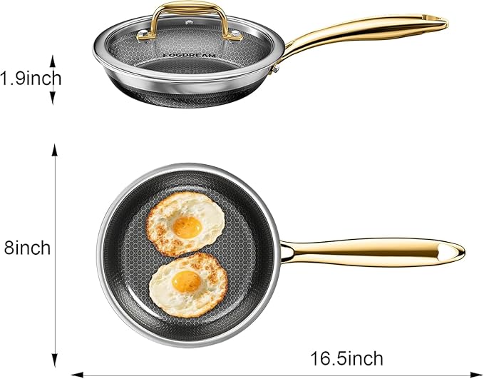 FogDream 8 Inch Stainless Steel Frying Pan with Lid, Honeycomb Hybrid Nonstick Skillet for Induction & All Cooktops, PFAS/PFOA/PTFE Free, Oven Safe to 500°F, Stay-Cool Handle, Dishwasher Safe, Gold