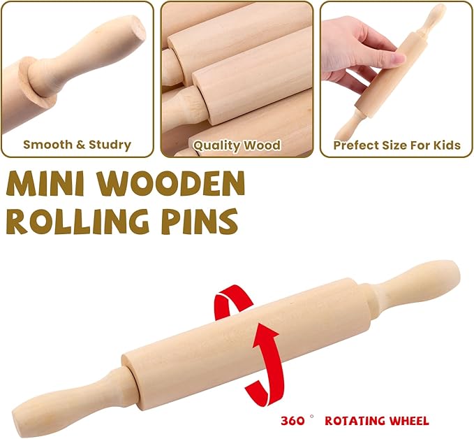 BILLIOTEAM 12 Pack 8 Inch Mini Wood Rolling Pin,Small Wooden Rollers for Art and Crafting,Baking,Cookie Dough,Cooking,Clay,Play Doh
