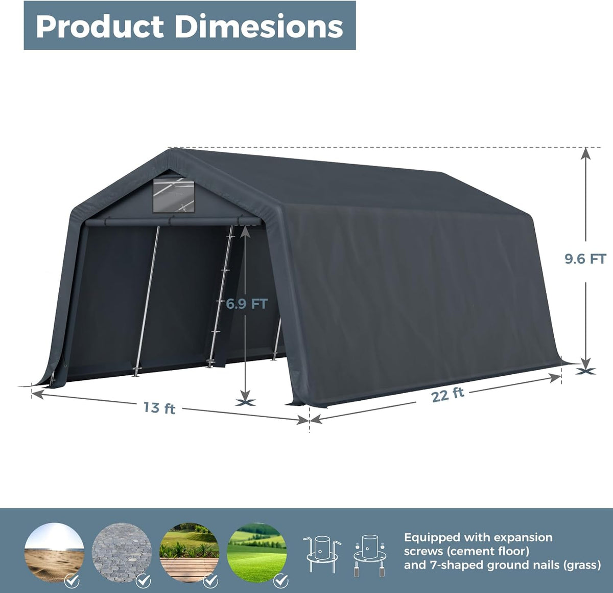 GREEN PARTY Storage Shelter Shed, 13x22 ft Portable Shed Outdoor Carport with Roll-up Zipper Door & Vents, Outdoor Storage Shed Portable Garage for Motorcycle, Bike, Waterproof & UV Protected, Gray