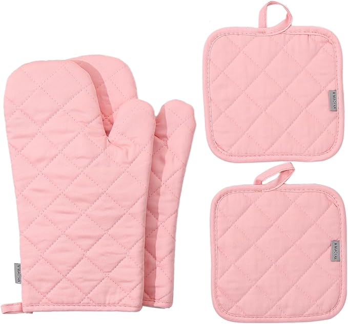 Oven Mitts and Pot Holders 4 pcs Set,High Heat Resistant 500 Degree Extra Thicken Long Kitchen Cotton Oven Glove for Cooking (12 Inch,Pink)…