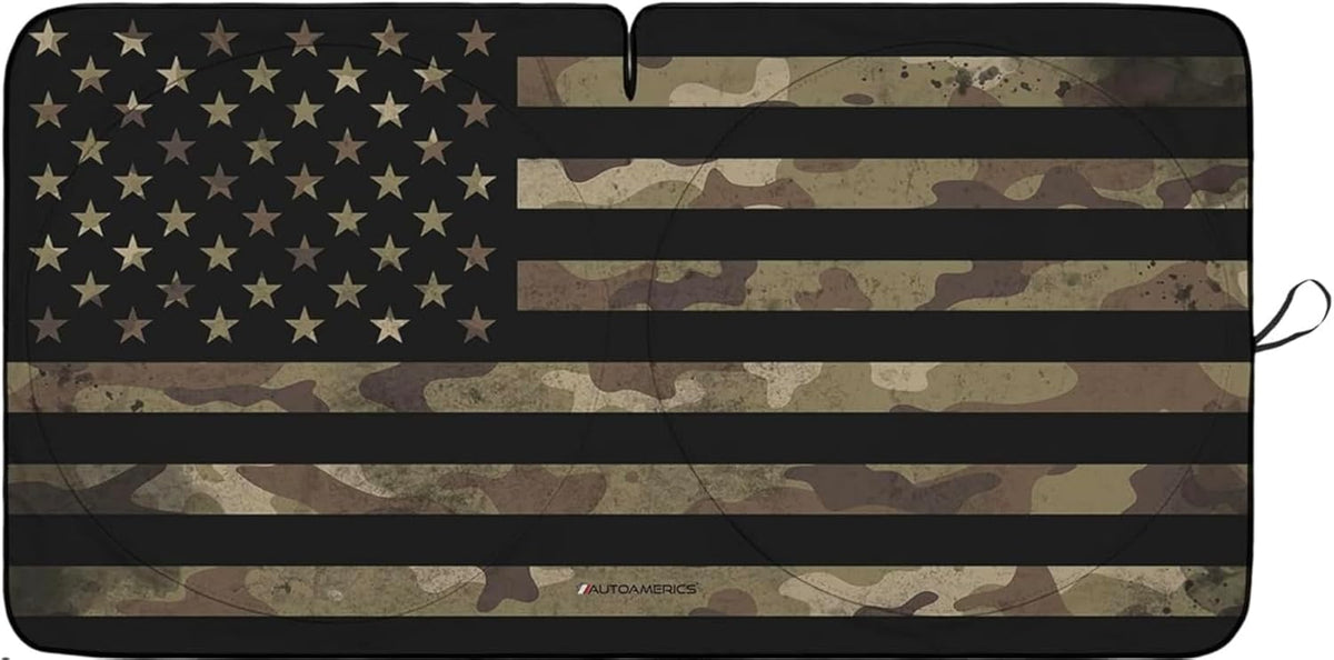 Autoamerics JeepWrangler Dark Camo Flag 1-Piece Windshield Sun Shade Foldable Car Front Window Sunshade - Best Heat Shield Reflector Cover - Blocks Max UV Rays & Keeps Your Vehicle Cool