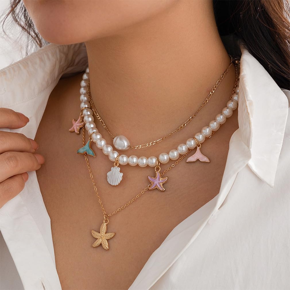 Chunky Gold Layered Pearl Starfish Statement Necklace Dainty Beach Pearls Beaded Seashell Choker Stacked Conch Sea Shell Necklaces Trendy Hawaiian Beachy Jewelry for Women (Colorful)