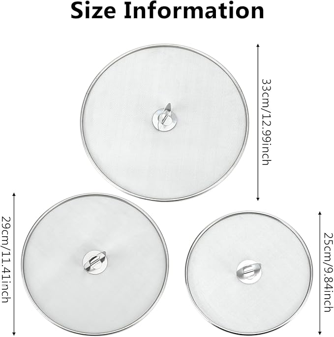 3 PCS Splatter Screen for Cooking, 25/29/ 33 cm Stainless Steel Grease Splatter Guard, Ultra Fine Mesh