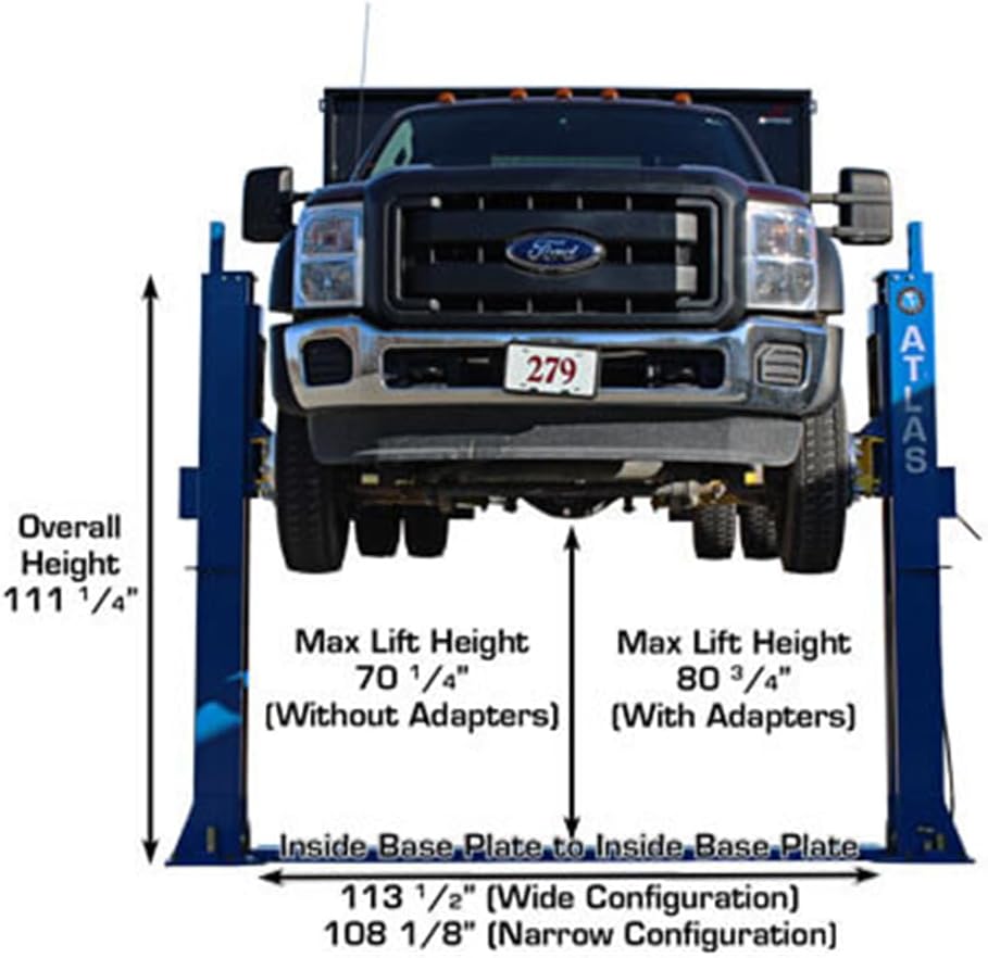 Atlas Automotive Equipment BP12000X 2-Post Commercial Grade Vehicle Lift, Baseplate, Open-top Style, 10’4” Minimum Ceiling Height, 12,000lb Capacity, 3-Stage Symmetric Arms, For Low Ceiling Garage Use