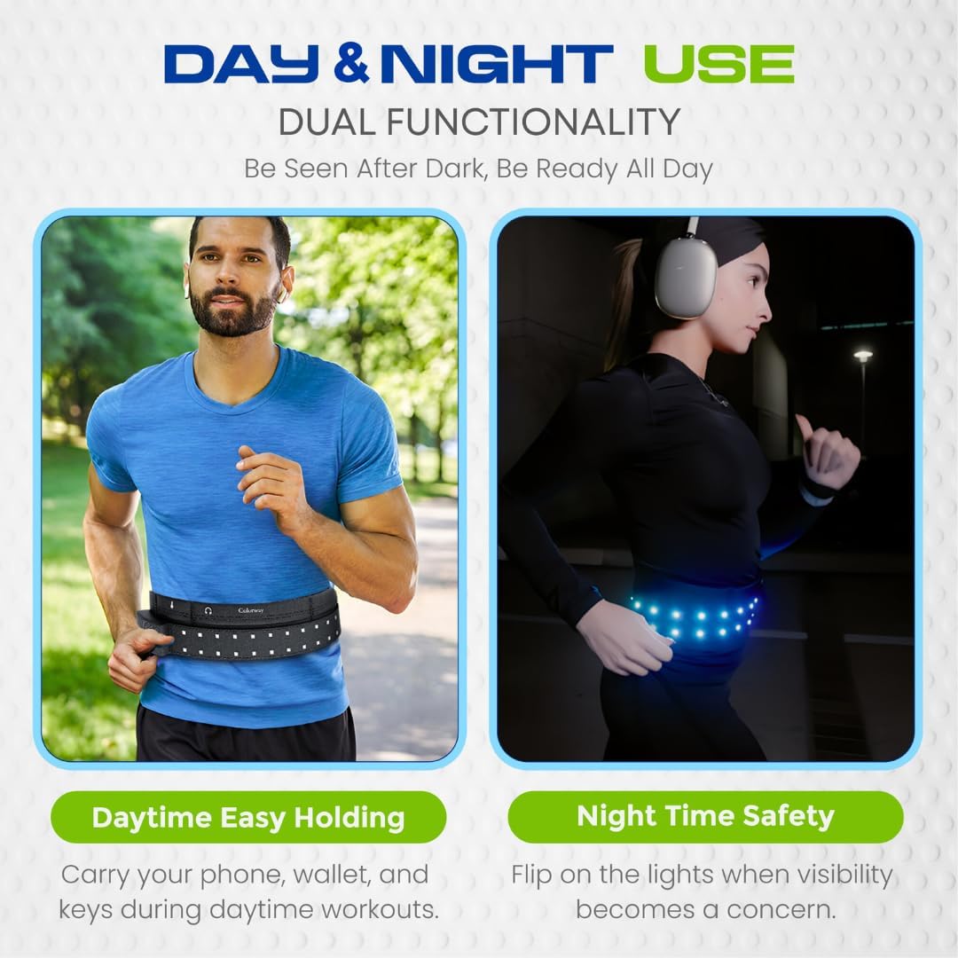 Colorway Led Running Belt – Day & Night Adjustable Waist Pack, Removable Light Strip, 3 Pouches for All Essentials, Reflective Running Gear for Men & Women (Rechargeable, Machine Washable)