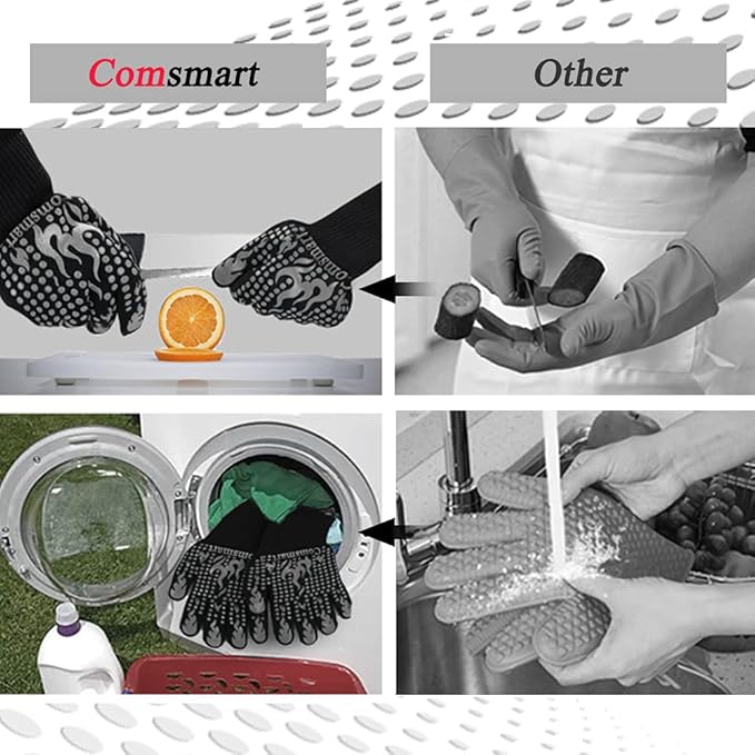 Comsmart BBQ Gloves, 1472 Degree F Heat Resistant Grilling Gloves Silicone Non-Slip Oven Gloves Long Kitchen Gloves for Barbecue, Cooking, Baking, Cutting(Gray)