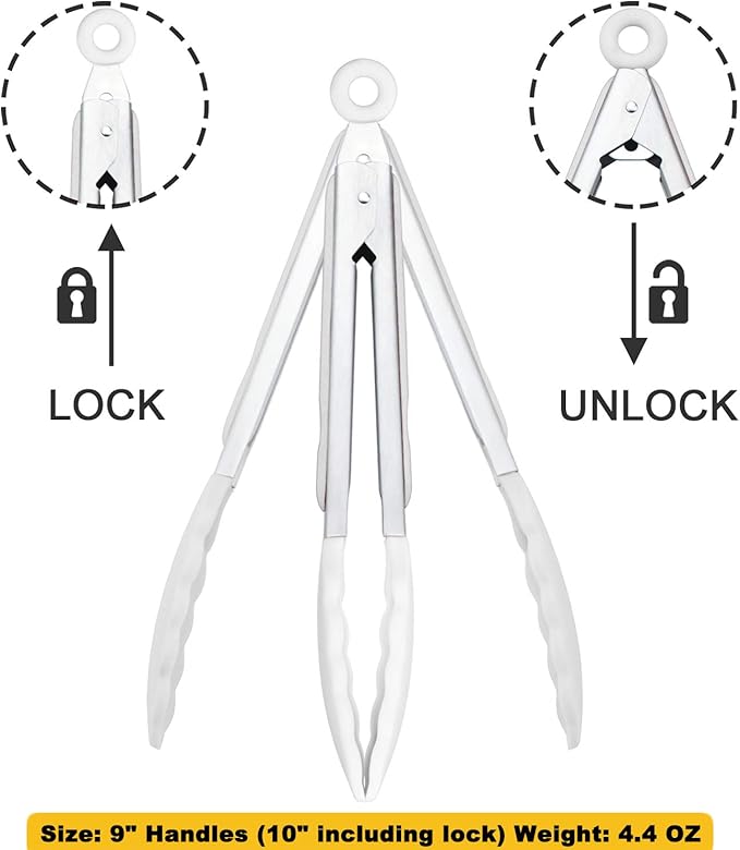 HINMAY Silicone Kitchen Tongs 9-Inch Stainless Steel Basics Tongs with Non-Stick Silicone Tips, Set of 3 (White)