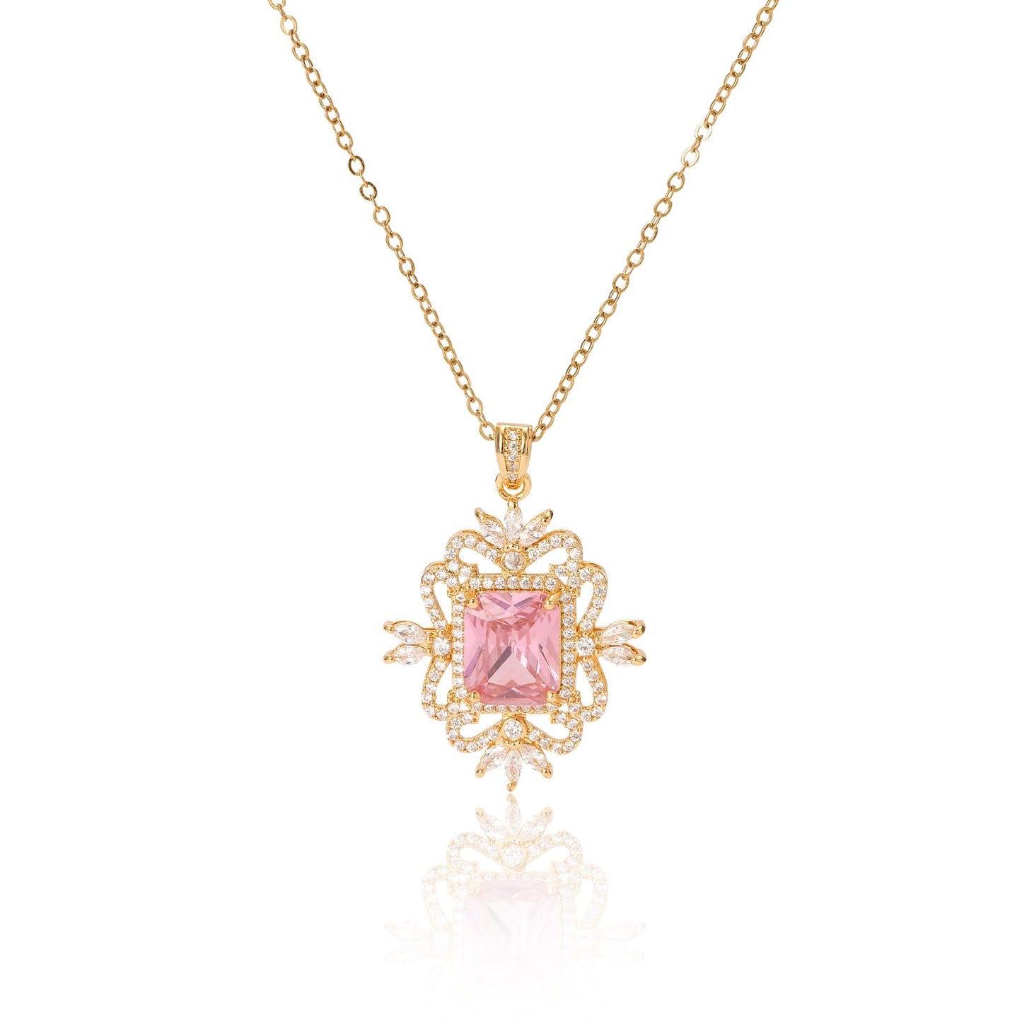 Pink Square October Birthstone Rose Quartz Necklace for Women-Gold Plated Rose Quartz Jewelry Waterproof Non Tarnish Baroque Maximalist Jewelry For Birthday Valentines Day Mother's Day Christmas Thanksgiving Gifts