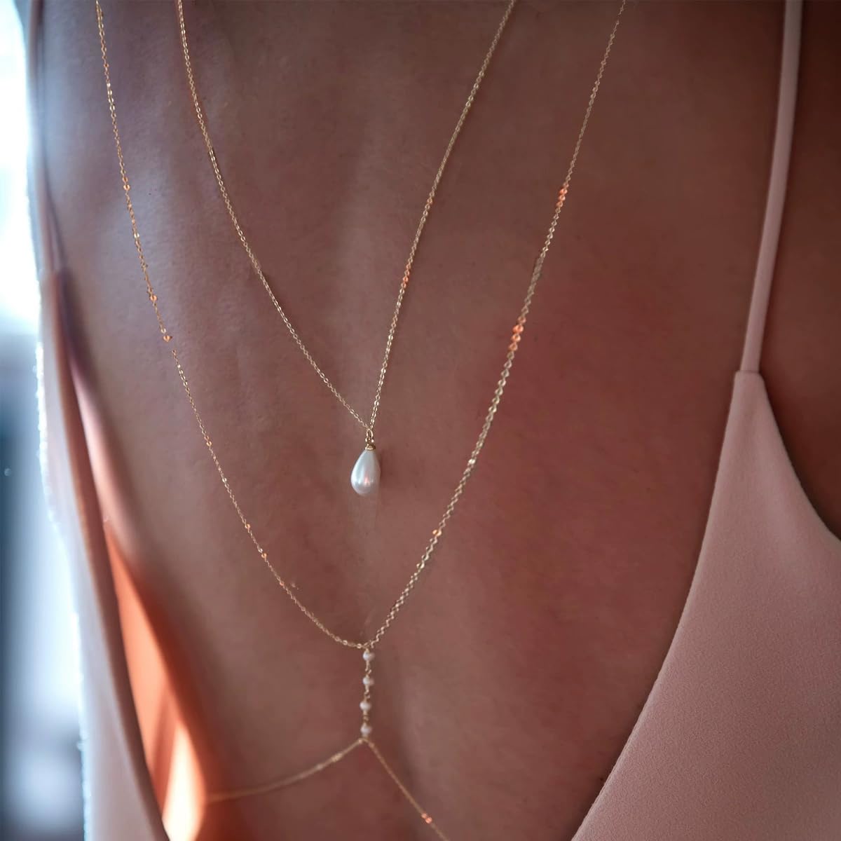 MODRSA Gold Back Necklace for Backless Dress Back Jewelry Backdrop Necklace Back Chain Pearl Body Chain Jewelry for Women Sexy Trendy