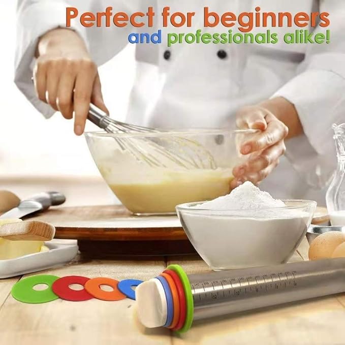 Adjustable Rolling Pin with Thickness Rings for Baking,17" Stainless Steel Dough Roller,Measurement Markings Rolling Pins For Pizza, tortilla,Pie,Pasta,Fondant,Cookies,Perfect for Chefs & Home Bakers