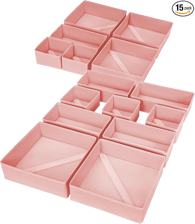 DIMJ Drawer Organizer for Clothing, 15 Pack Fabric Drawer Organizer Bins, Foldable Sock Organizer for Drawer, Dresser Organizer for Clothes, Socks, Bra, Tie (Pink)