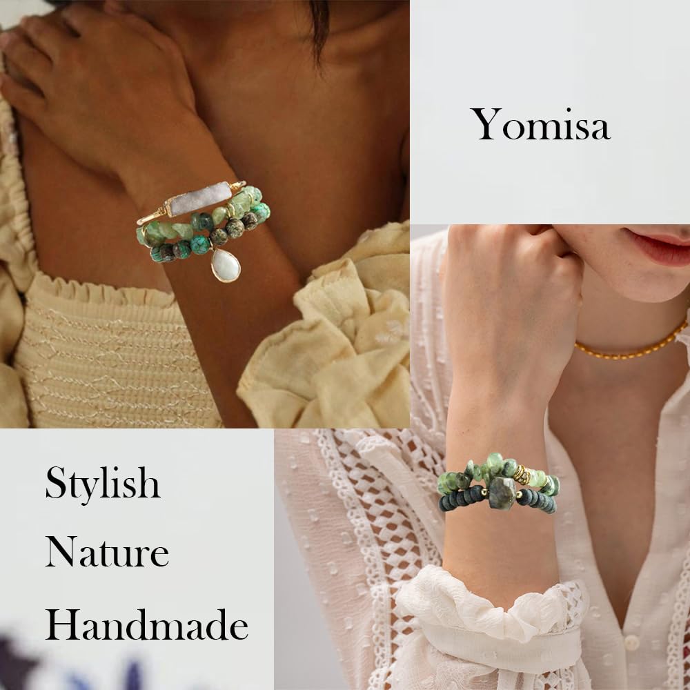 Yomisa Boho Beaded Bracelets for Women,5PCS Healing Natural Labradorite Jasper Stone Bead Bracelets Multilayer Wrap Stackable Friendship Stretch Beaded Bracelets Set Trendy Bohemian Jewelry Gift