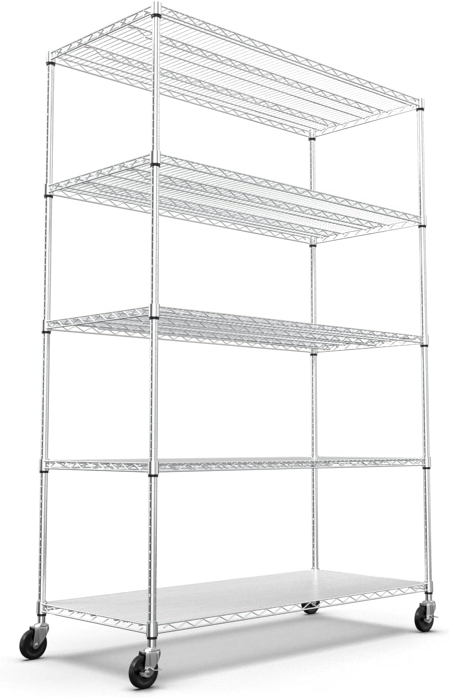 5 Tier NSF Metal Shelf Wire Shelving Unit, 6000lbs Capacity Heavy Duty Adjustable Storage Rack with Wheels & Shelf Liners for Commercial Grade Utility Steel Storage Rack , 82"H x 48"L x 24"D - Chrome