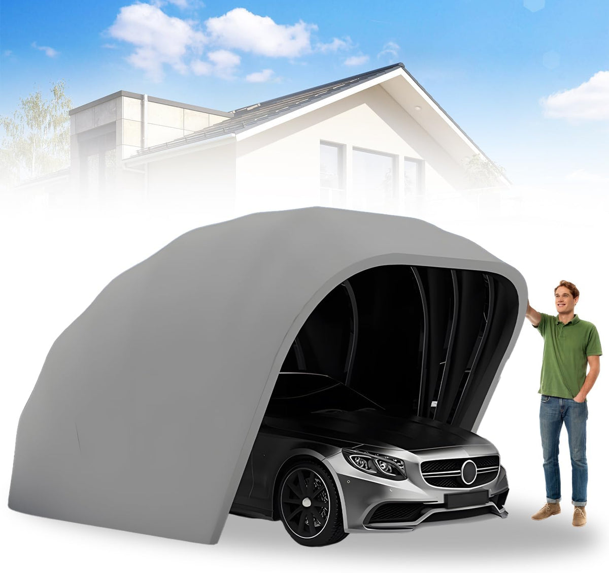 Heavy Duty Carport, Semi-Automatic Retractable Garage, Stainless Steel Folding Car Port, Portable Outdoor Car Tent, for Parking Lot, Yard, Garden, Grey, All Weather Proof, 5.5 * 2.5 * 2.3m