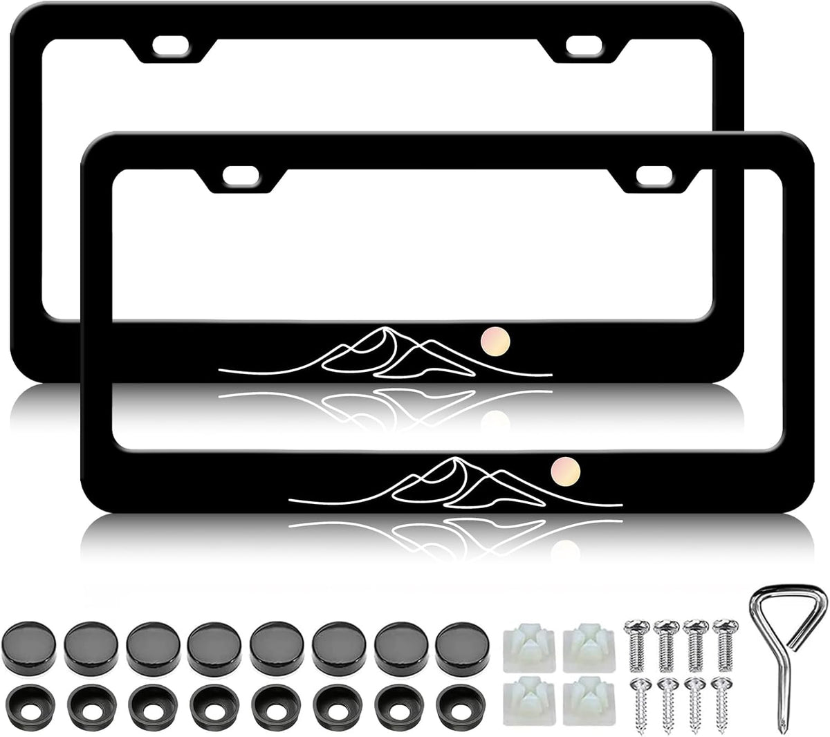 Moon Mountain License Plate Frames - 2 Pack Black Mountain Stainless Steel License Plate Holder,Rust-Proof Waterproof Car Decorative Tag Frame with Screws Fasteners Caps