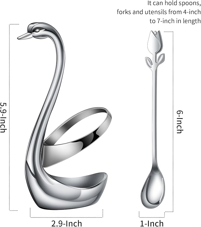 Silver Small Coffee Spoon Holder Set,Swan Base With 12 Pcs Demitasse Espresso Spoons Set,6" Mini Tulip/Rose Dessert Spoon,Stainless Steel Tea Spoons