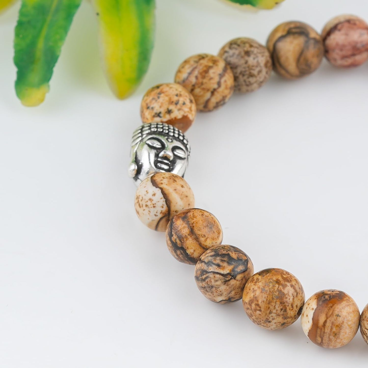 CRYSTALINES Buddha Charm Stretchable Braceclet, Natural Picture Jasper Gemstone Beads, Plain Round Stones, Handmade Boho Strech Bracelet, Adjustable Spiritual Healing Crystal Unisex Jewelry Gift