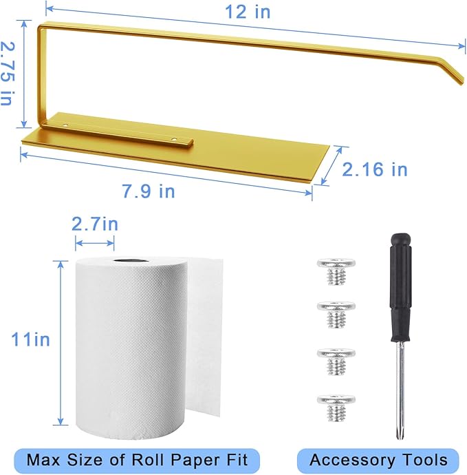 Paper Towel Holder Gold, Magnetic Paper Towel Holder for Fridge, Toilet Paper Roll Holder Magnet Paper Towel Rack Wall Mount Fridge Organizer for Golden Bathroom Kitchen Dorm Room RV Essentials, 2Pack