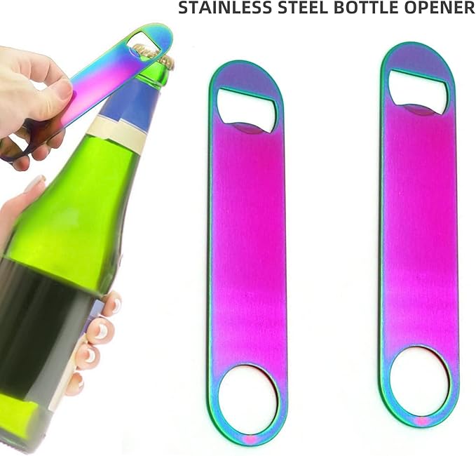 Rainbow Color Stainless Steel Flat Bottle Opener, Sturdy and Durable 2 Pcs to Send to Friends, Suitable for Bar Bartender Men Women Kitchen Restaurant Party Supplies (Large)