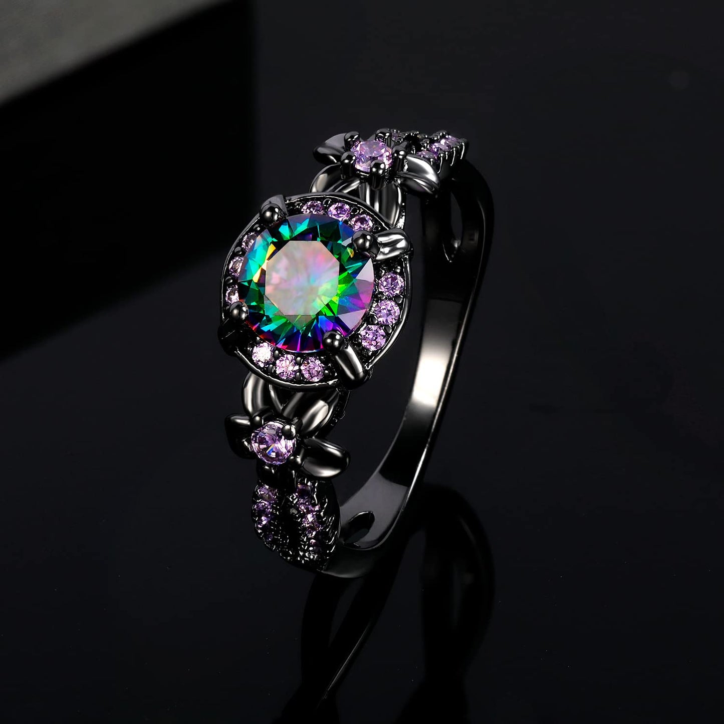 Black Rings for Women,Eternity Rings Rainbow CZ Created Amethyst Gemstone Wedding Engagement Band for Bride Dainty Jewelry Gifts (7)