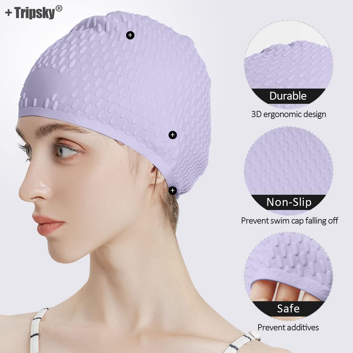 Tripsky Silicone Swim Cap,Comfortable Bathing Cap Ideal for Curly Short Medium Long Hair, Swimming Cap for Women and Men, Shower Caps Keep Hairstyle Unchanged…