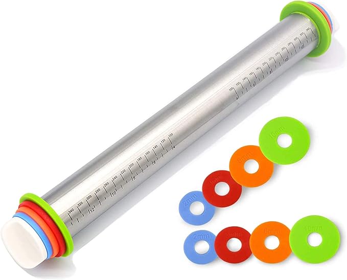 Adjustable Rolling Pin with Thickness Rings for Baking,17" Stainless Steel Dough Roller,Measurement Markings Rolling Pins For Pizza, tortilla,Pie,Pasta,Fondant,Cookies,Perfect for Chefs & Home Bakers