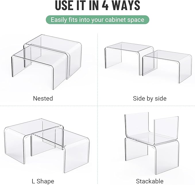 Clear Cabinet Organizer, Shelf Organizer Set of 2 for Kitchen Pantry Organizers and Storage, Display Cabinet Shelf Room Decor Countertop Desk Shelves, Patented Spice Organization for Cabinet