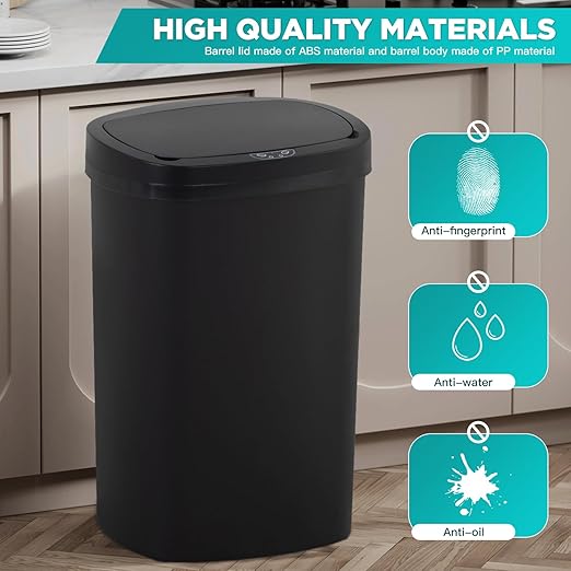PayLessHere | 13 Gallon Plastic Trash Can | Black | Automatic Touchless Lid with Motion Sensor | Kitchen Garbage Can with Waterproof Design | for Home, Office, Bathroom | Pack of 1