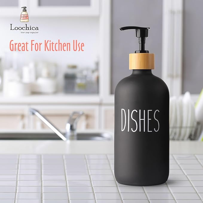 LOOCHICA Black Glass Kitchen Soap Dispenser, Detergent Dispenser or Dish Soap Dispenser for Kitchen Sink, Black Soap Dispenser, Modern Farmhouse Decor Dish Soap Pump for Kitchen Organization