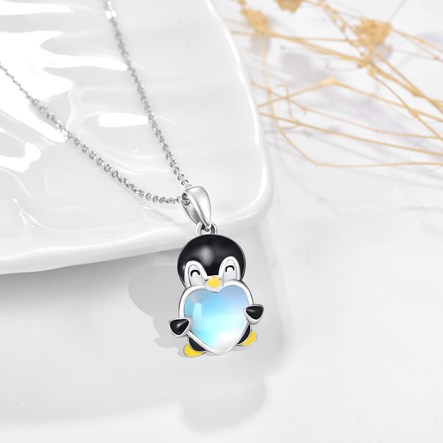 Dreamboat Penguin Pendant Necklace for Women 925 Sterling Silver Moonstone Animal Jewelry Christmas Birthday Gifts for Penguins Lovers