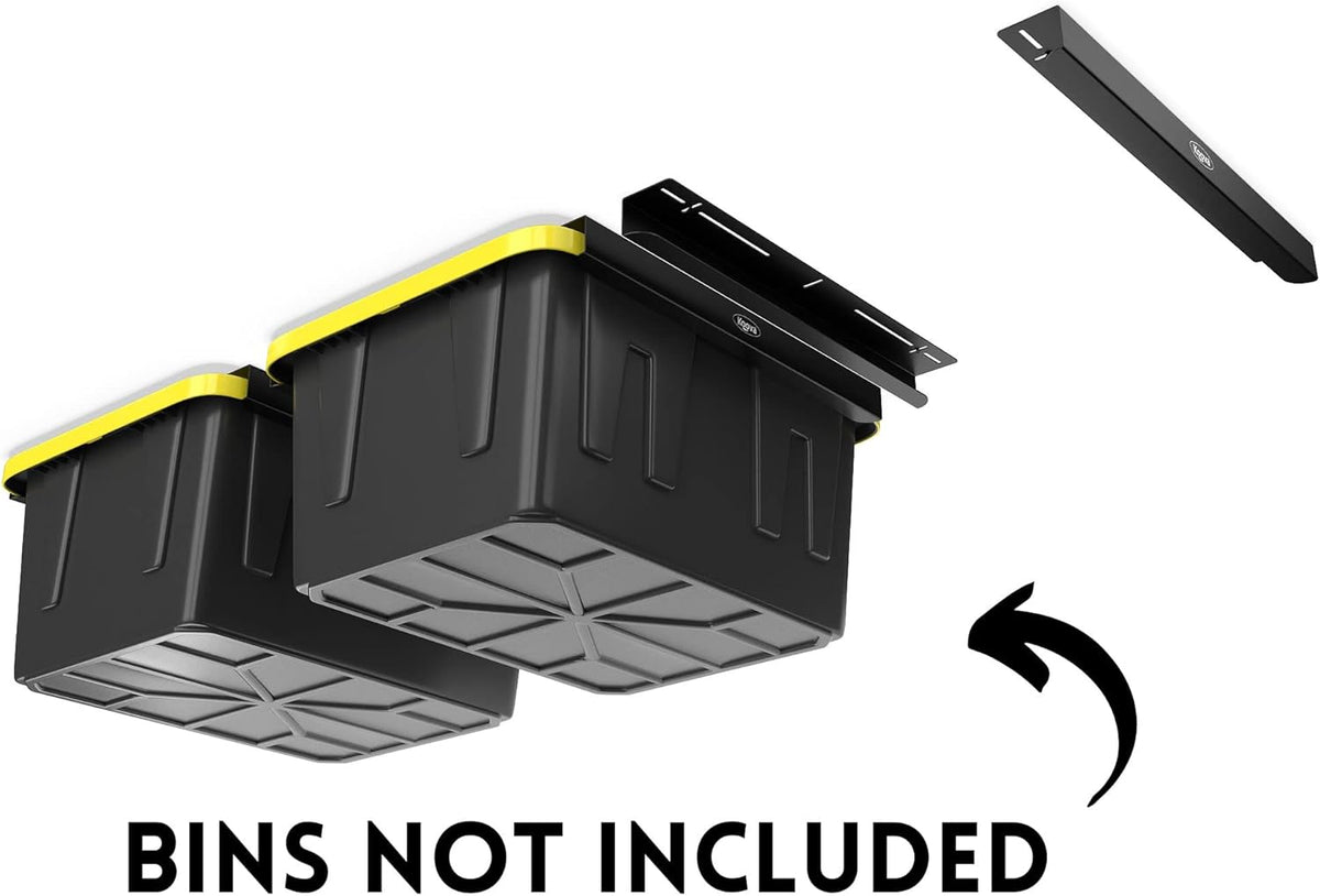 Koova Overhead Bin Rack for Three Bins | Overhead Garage Storage Rack to Mount on Ceiling with Adjustable Width | Supports Most Black and Yellow Storage Bins | 3 Sets