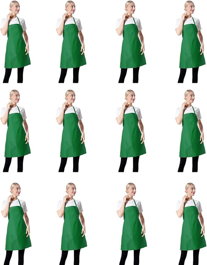 Total 12 PCS Plain Bib Blackish Green Bulk Aprons for Women Men Adult with 2 Front Pockets-BBQ Dad Grilling Cooking Apron (green-12pcs)