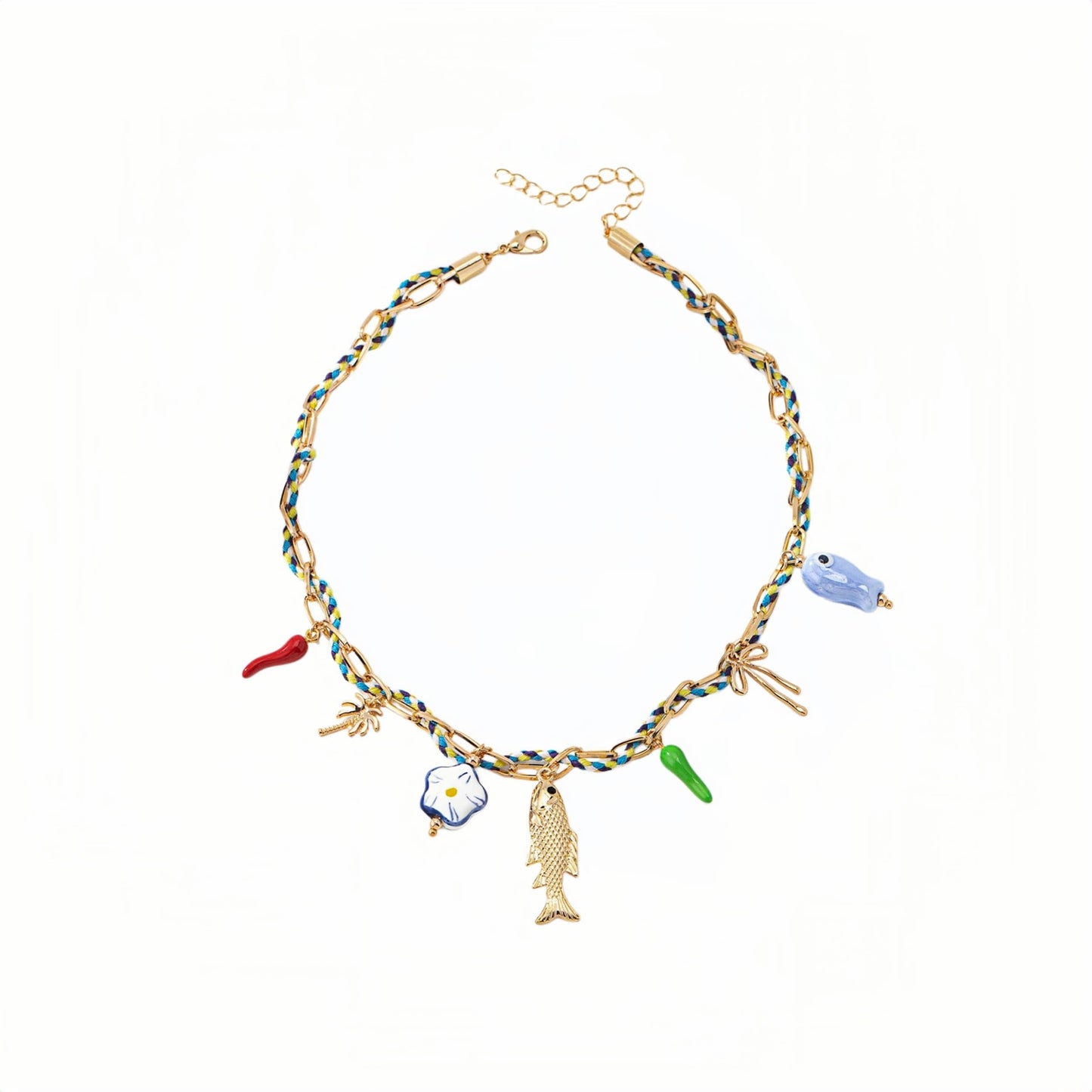 BlingNook Gold Charms Necklace For Women, Colorful Charm Beachy Fish Conch Seashell Heart Pepper Cool Ocean Layered Stackable Summer Holiday Jewelry (Gold Fish)