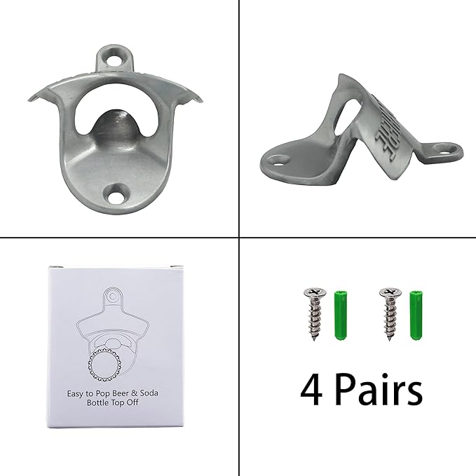 4 PCS Bottle Opener Wall Mounted Stainless, Antique Silver Rust-free Screw in Wall Beer Cap Bottle Opener Outdoor for Post Kitchen Cupboard
