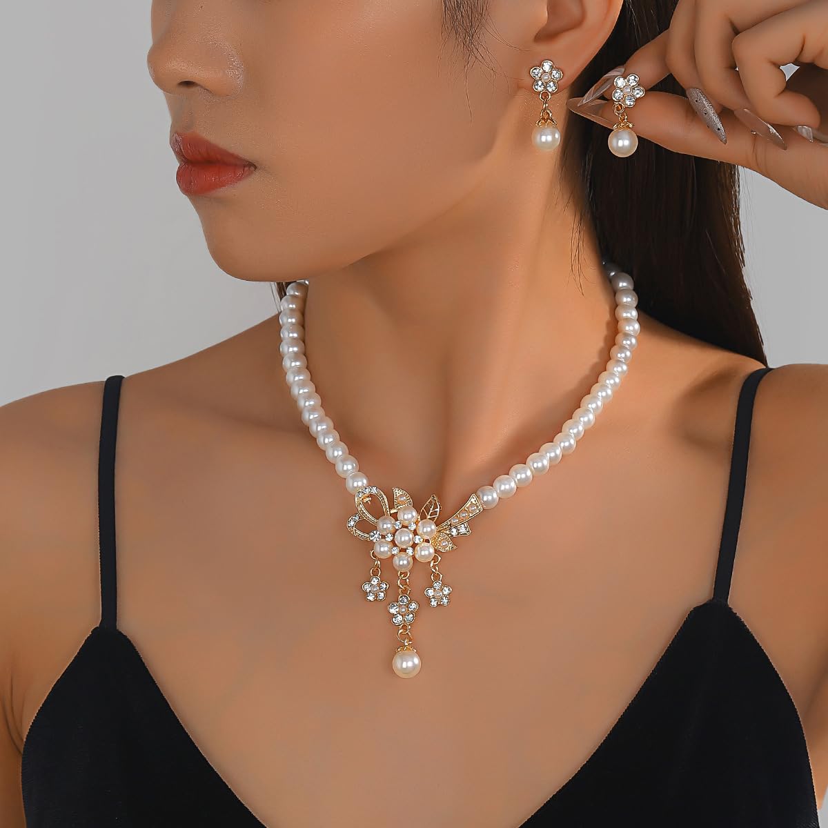 Meztole Pearl Necklace and Earring Set for Women,Pearl Jewelry Set Fake Pearls Necklace Imitation Beaded Collar de Perlas Para Mujer Necklaces for Prom Bridesmaid Costume Accessories C-Gold Flower