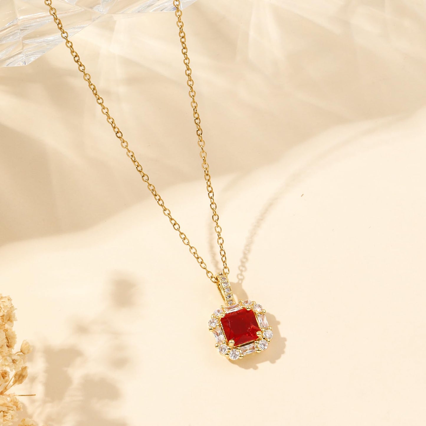 crataly Red Square Garnet Necklace for Women-Gold Plated January Birthstone Necklace For Valentines Day Mother's Day Christmas Birthday Gifts