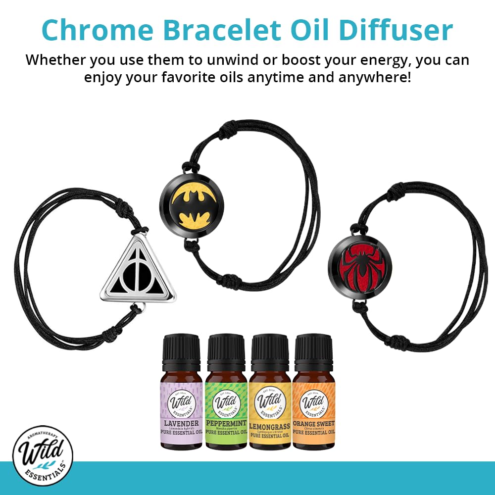 Wild Essentials Black Chrome Bat Essential Oil Diffuser Bracelet Gift Set with Aromatherapy Pendant, Adjustable Nylon Band, 12 Pads and 100% Pure Oils; Lavender, Lemongrass, Orange and Peppermint
