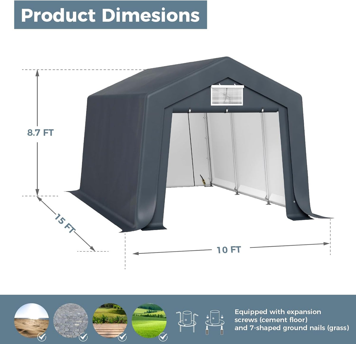 GREEN PARTY Storage Shelter Shed, 10x15 ft Portable Shed Outdoor Carport with Roll-up Zipper Door & Vents, Outdoor Storage Shed Portable Garage for Motorcycle, Bike, Waterproof & UV Protected, Gray