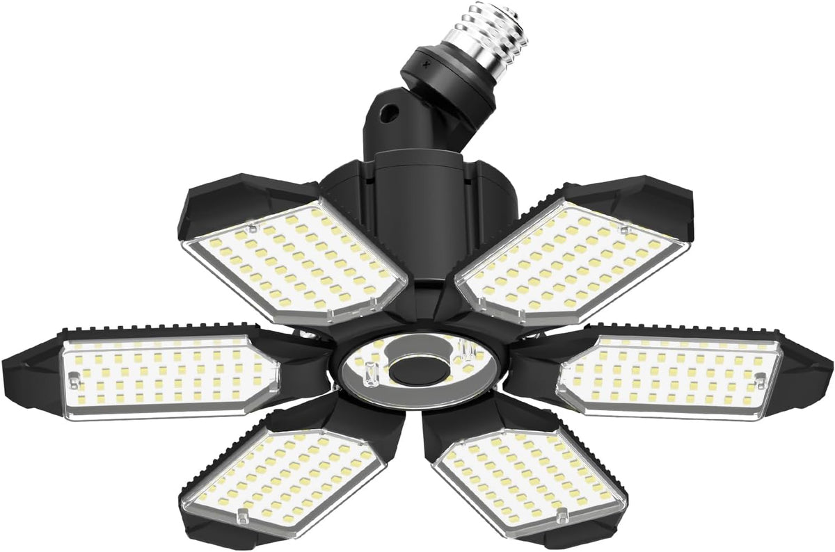 LED Garage Light Super Bright 15000LM LED Shop Lights 6500K Garage Lighting, 360° & 180°Adjustable Basement Lights with 6 Deformable Panels Screw in E26/E27 Socket for Workshop Storage Barn Attic