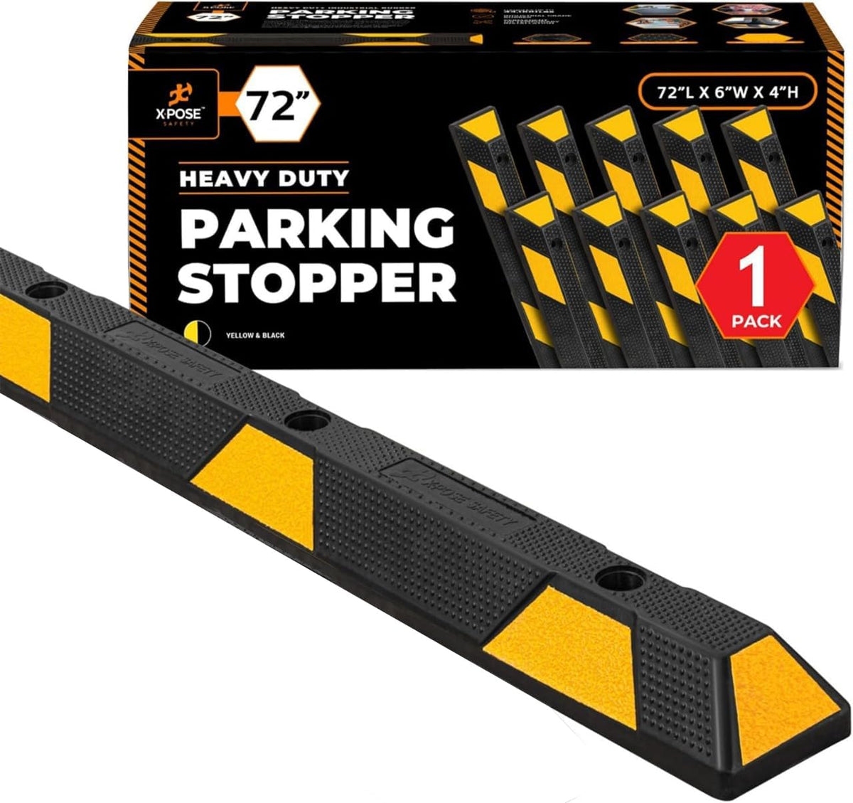 Xpose Safety 72" Heavy Duty Rubber Parking Stopper – 1 Pack Wheel Blocks for Garage, Driveway, or Ramp – Car Bumper Stop with Yellow Reflective Strips – Removable Floor Mount