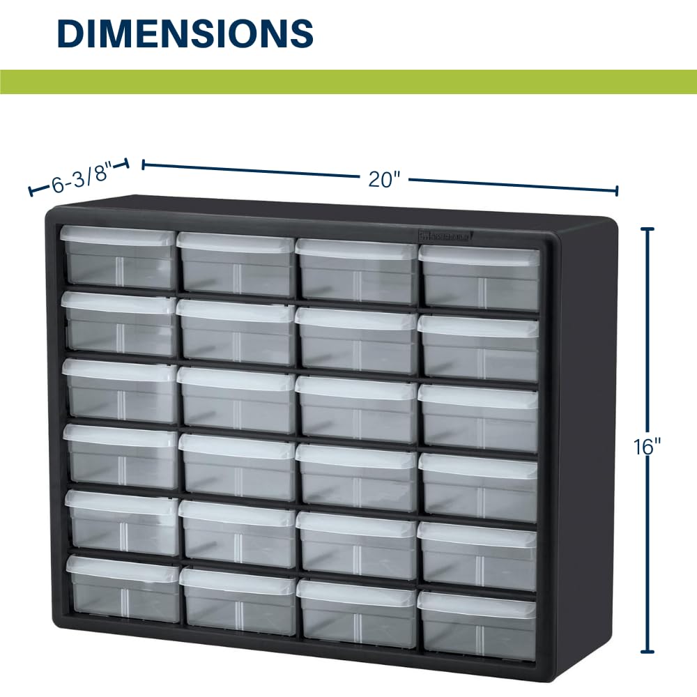 Akro-Mils 24-Drawer Plastic Drawer Storage Cabinet for Garage Organization, Bead Organizer, Building Bricks Storage, Teacher Toolbox, Makeup Organizer, 20-Inch W x 6-Inch D x 16-Inch H, 10124 White