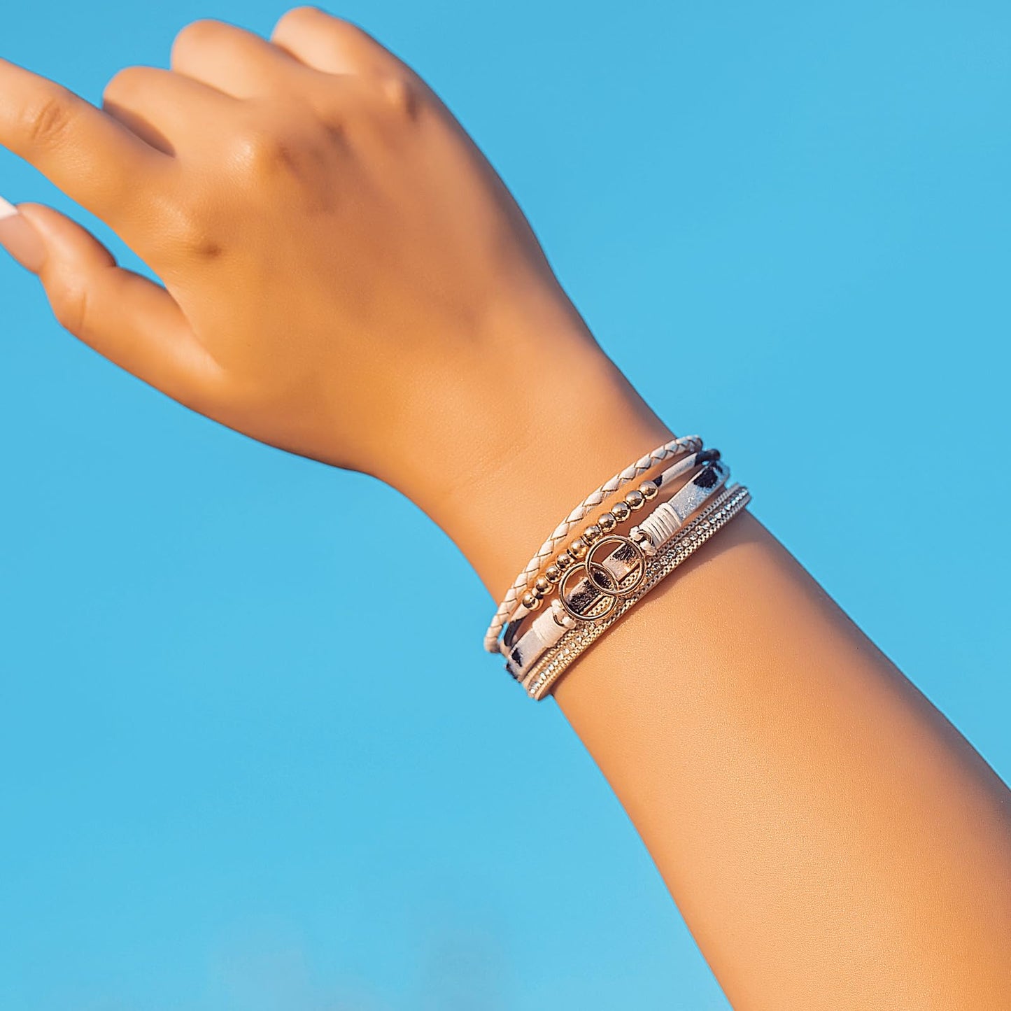 FANCY SHINY Boho Leather Wrap Bracelet Stackable Beaded Infinity Chunky Cuff Bracelets with Magnetic Clasp Western Hippie Outfits Jewelry Gifts for Women(White Leopard)