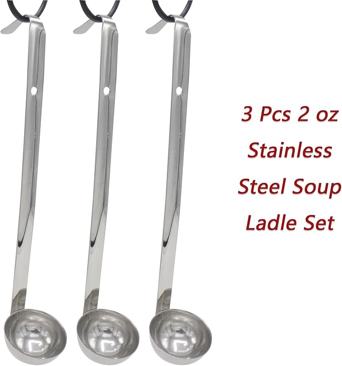 3 Pcs 2 oz Stainless Steel Soup Ladle Set, Long Handle Serving Spoons with Hooked Handles, Kitchen Cooking Utensils for Sauce Gravy Stew
