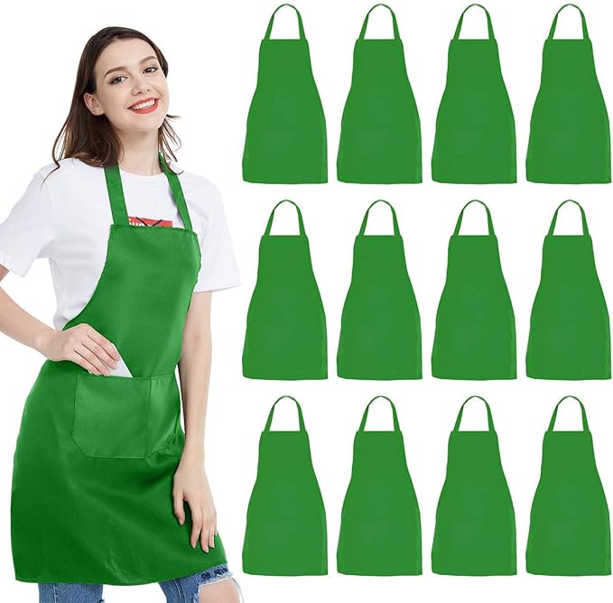NOBONDO 12 Pack Bib Apron - Unisex Black Apron Bulk with 2 Roomy Pockets Machine Washable for Kitchen Crafting BBQ Drawing