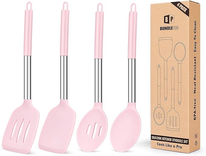 Pack of 4 Silicone Cooking Utensils Set, Non Stick Large Solid Spatulas, Heat Resistant Pink Slotted Spoons, Ideal BPA Free Kitchen Turners for Frying, Mixing,Serving,Draining,Turning,Stirring