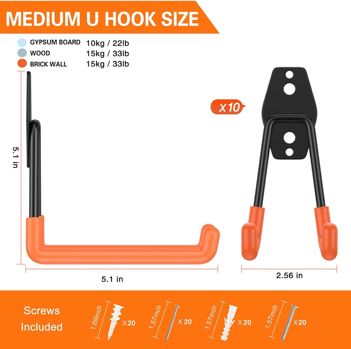 Heavy Duty Garage Hooks 10 Pack, 5.1 inch Medium U Shaped Hanger, Wall Mounted Storage System, Power and Garden Tool Organizer, for Hanging Ladders, Hose, Bulk Items and More