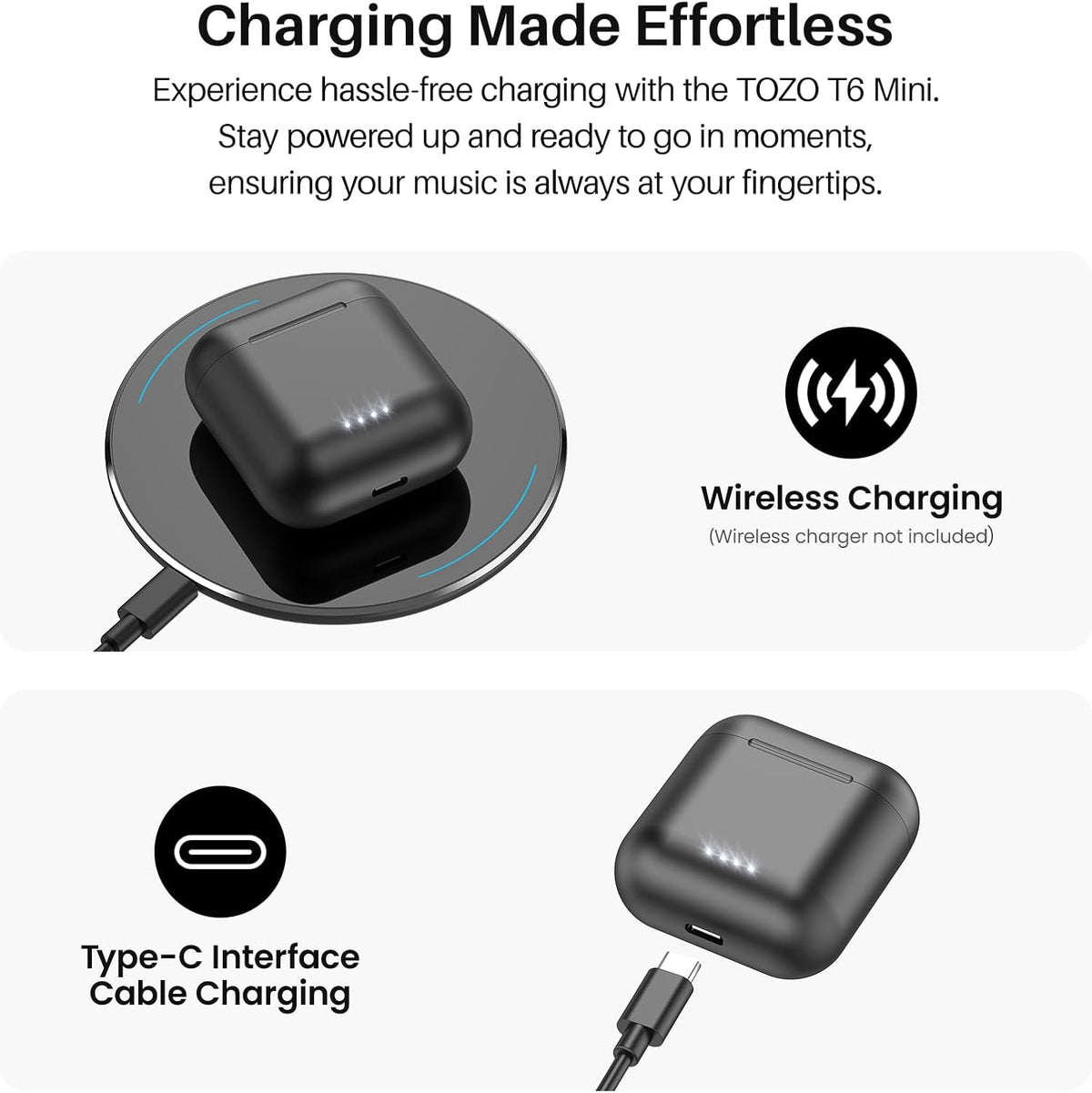 TOZO T6 Wireless Earbuds, Bluetooth 5.3 Ear Buds, Stereo Sound in Ear Headphones, 50 Hours Playtime, Wireless Charging Case, APP Customizable EQs, IPX8 Waterproof Earphones