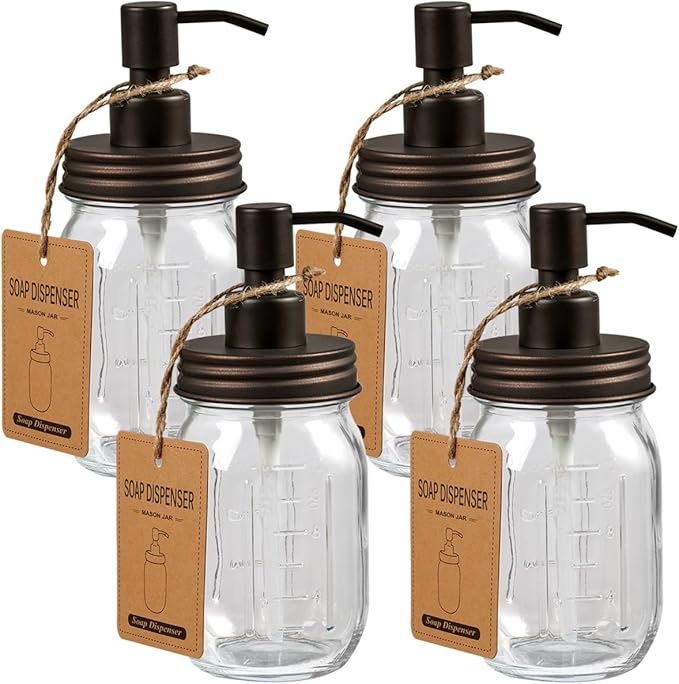 Amolliar 4 Pack Mason Jar Liquid Soap Dispenser, Rustproof Stainless Steel Lid Pump, Refillable Hand Soap for Bathroom, Kitchen, Cute Farmhouse Decor for Dish Soap, Liquid Soap, Lotions(Bronze)