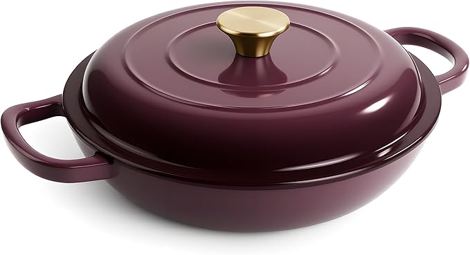 Vintage Style 3 Quart Enameled Cast Iron Braiser, Non Stick Enameled Cast Iron Skillet with Lid, Dutch Oven Skillet with lid up to 500°F for Oven, Stove, Grill, Shallow Dutch Oven for Cook, Bake (Fig)