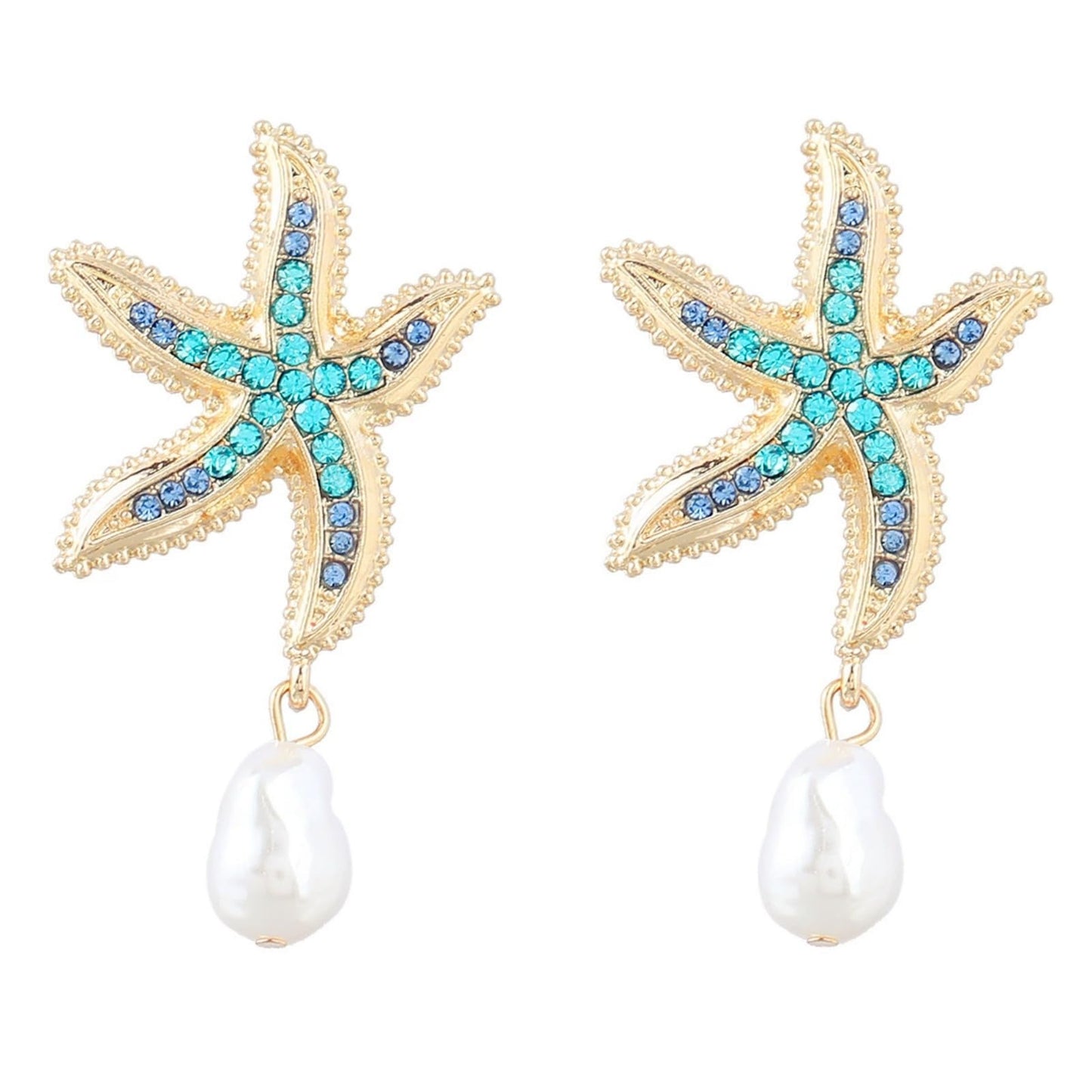 Gold Starfish Pearl Earrings for Women Vintage Charm Blue Sea Star Shell Ocean Animal Chic Crystal Rhinestone Seashell Baroque Pearls Dangle Drop Earrings for Boho Summer Beach Party Holiday Jewelry (Blue starfish)